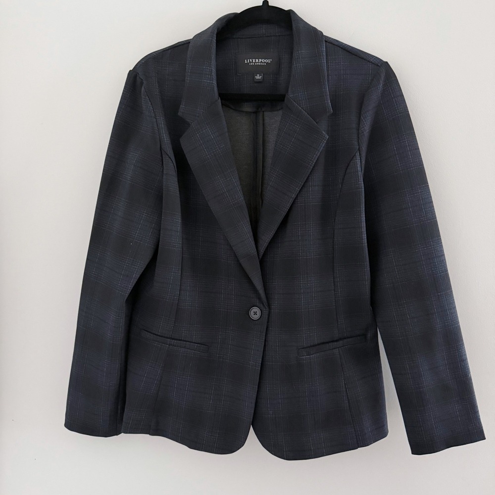 Liverpool Los Angeles Womens Navy Plaid Single Button Blazer Jacket Size M